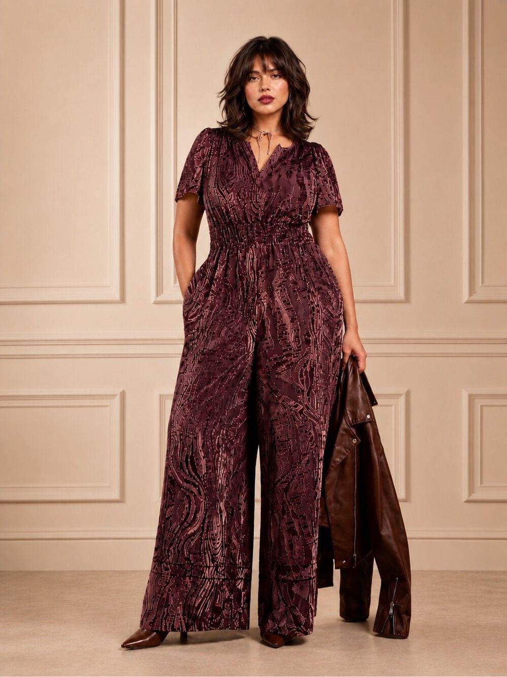 Anthropologie Somerset Velvet Burnout Jumpsuit 1X Plum Wide Leg Plus